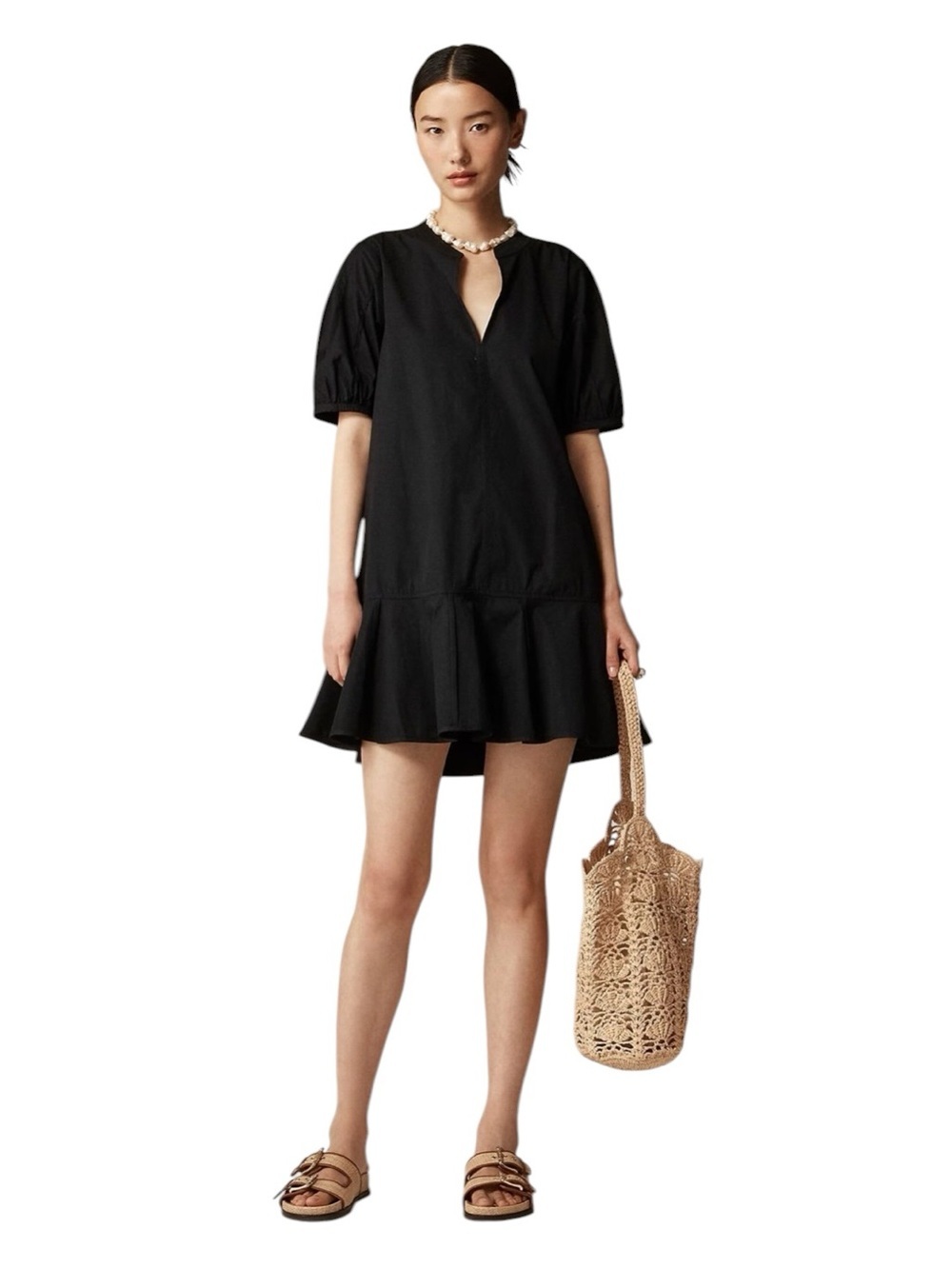 J.Crew - NWT Delilah Black Puff Sleeve Ruffle Hem Cotton Mini Dress Sz M